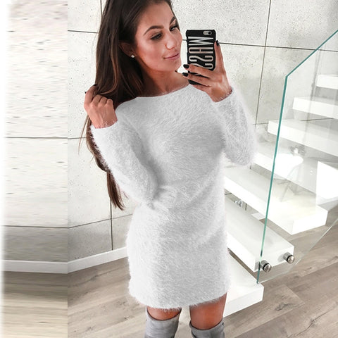 Sonicelife  Women Plush Bodycon Dress Round Neck Long Sleeve Gray Casual Autumn Winter Sheath Office Lady Solid Midi Dress Pullovers