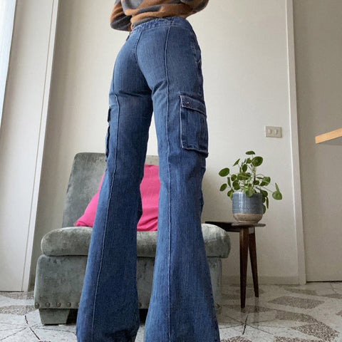 Sonicelife Pocket Patchwork Cargo Jeans Women Streetwear Vintage Baggy Flared Denim Pants Autumn Harajuku Korean 90s Fashion Casual