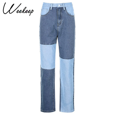 Sonicelife Weekeep Fashion Women High Waist Streetwear Jeans Patchwork Vintage 100% Cotton Design Button Fly Straight Denim Pants Slim Jean