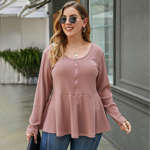 Sonicelife Sale Plus Size 4XL Women Solid Pullover Round Neck Zipper Ruffle Blouse Hem Patchwork Long Sleeve Tunic Shirt Loose Tops D30