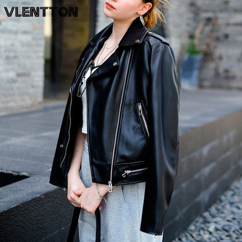 2023 New Spring Autumn Women Black Soft Faux Leather Short Jacke Lapel Zipper Motorcycle Coat