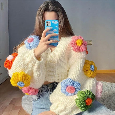 Sonicelife 2024 Women's Cardigans Multicolor Floral Knitted Decoration Long Sleeve Loose Coats Warm Sweaters 3 Colors