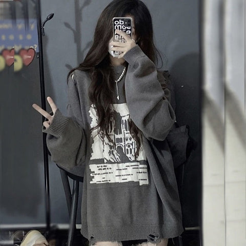 Sonicelife  Grunge Gothic Streetwear Printed Oversize Sweater Women Punk Harajuku Vintage Grey Jumper Female Pullover Mall Goth Top