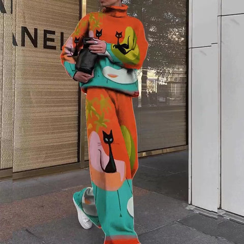 Sonicelife  Women Vintage Turtleneck Print Tops Pullover + Wide Leg Pants Suits Casual Pattern Knit Tracksuit 2 Piece Set Fashion Streetwear