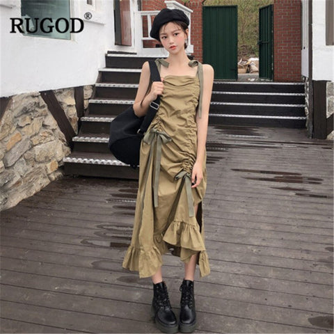 RUGOD 2020 New Arrivals Women Green Asymmetrical Dress Spaghetti Strap Drawstring Side Spilt Loose Vestidos Korean Stylish Dress