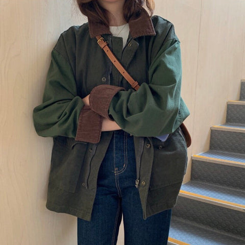 Sonicelife Korean Thick Autumn Vintage Lapel Casual Style Loose Full Lantern Sleeve Coats and Jackets Women Army Green Streetwear
