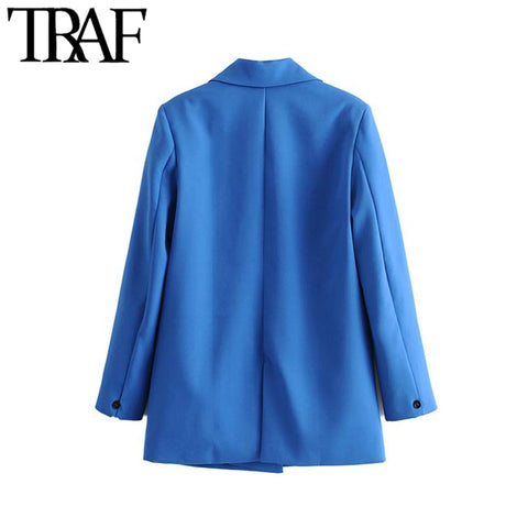 TRAF Women Chic Office Lady Double Breasted Blazer Vintage Coat Fashion Notched Collar Long Sleeve Ladies Outerwear Stylish Tops