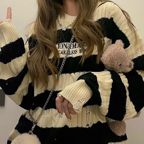 Sonicelife  Harajuku Striped Knitted Sweater Women Korean Style Casual Vintage Oversize Long Sleeve Crewneck Jumper Female Winter