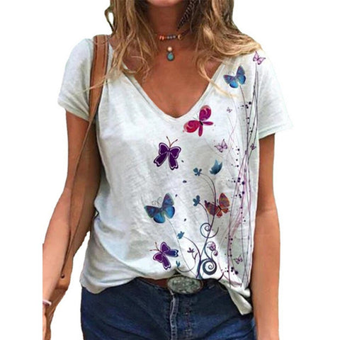 Sonicelife Women Short Sleeve V Neck Casual Tops Summer Fashion Butterfly Print Vintage Tops Pullover Female Elegant Streetwear T-Shirt D30