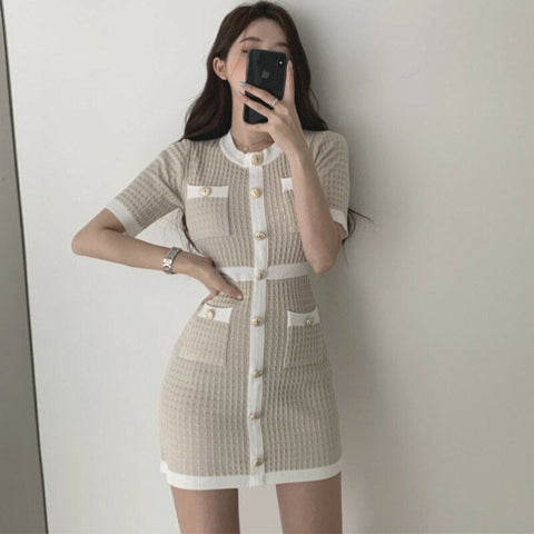 Sonicelife Korean Fashion Elegant Preppy Old Money Aesthetic Beige Knit Dress