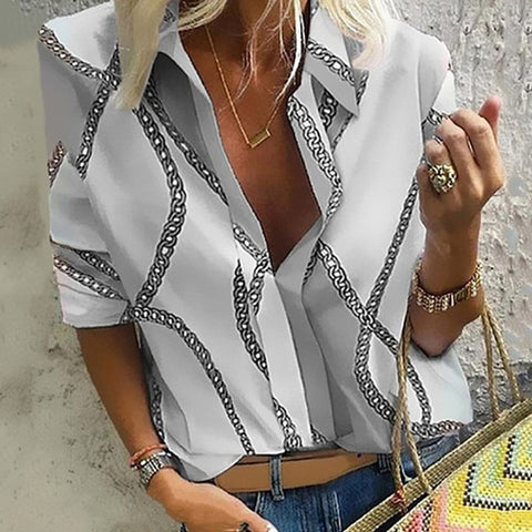 Sonicelife  Autumn Women Leisure Blouse Tops Women Chain Print Work Office Blouse Shirt Lady Stylish Long Sleeve Blouses Femmes 2XL