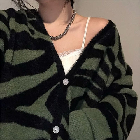 Sonicelife  Deeptown Korean Style Green Zebra Printed Knitted Sweater Cardigan Women Harajuku V-Neck Long Sleeve Oversize Jumper Female Tops