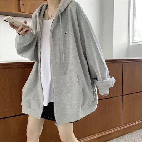 Sonicelife Letter Vintage Zip Up Streetwear Sweatshirts Women Harajuku Oversized Hoodies Thin Pockets Long Sleeve Clothes Korean Style Tops
