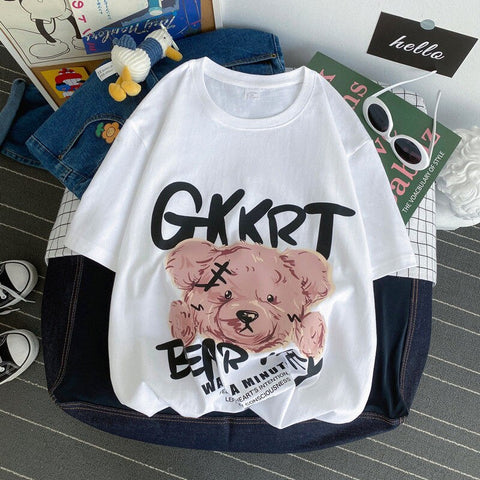 S-4XL Harajuku Streetwear Cotton Letter Bear Print Short Sleeve T-shirt Women Clothes Summer O-neck Couple Girls Tops Loose Tee