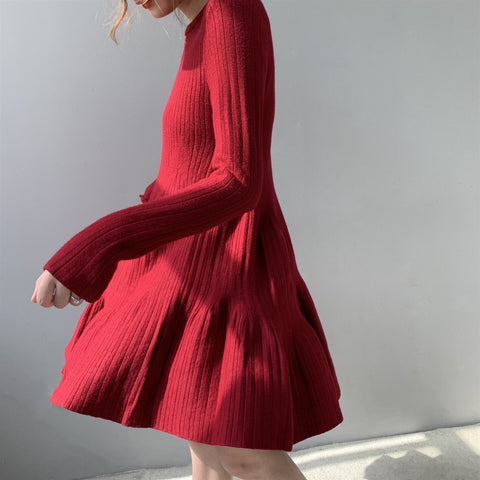 2023 Spring Autumn  Mini Sweater Dress Women O-Neck Long Sleeve Elastic Waist Korean A-Line Knitted Dresses Ladies Vestidos