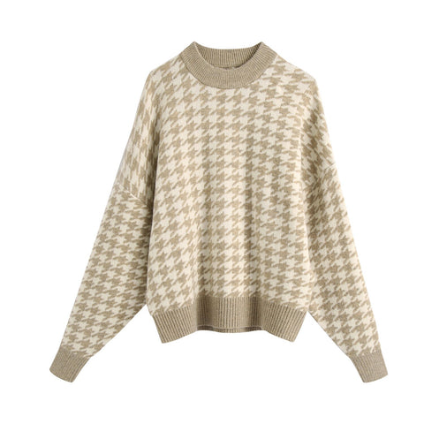 Women's Sweater Oversize Plaid Long Sleeve Top Pullovers Houndstooth O Neck Knitted Sweaters Autumn Winter Women's Jumper