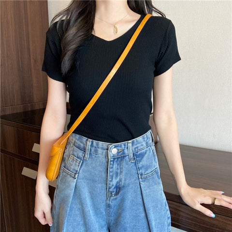 Sonicelife Christmas Gift AOSSVIAO Summer Short Sleeve Korean Style Sweater V-Neck Knitted Pullover Women Sweaters Basic Thin Tops Pull Femme Jumper 2024