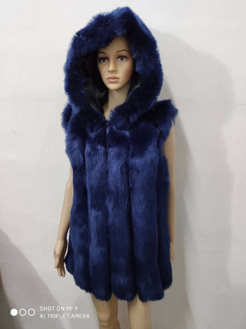 2023 Autumn Winter Women's Sleeveless Fur Fashion Casual Faux Fur Vest Oversize Fake Fur Jacket with Hooded Female Outerwear