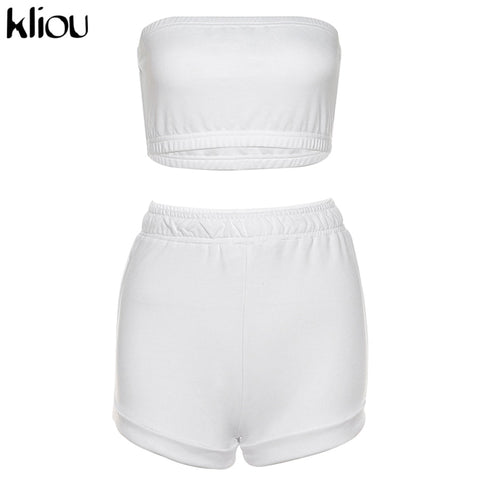Kliou Casual Solid Sportswear Two Piece Sets Women 2021 Crop Top And Drawstring Shorts Matching Set Summer Athleisure Outfits