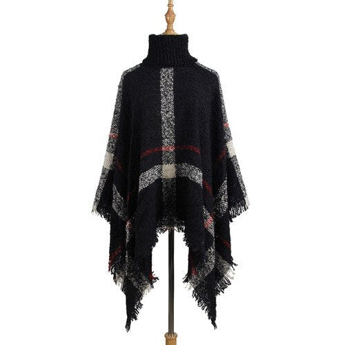 Sonicelife Poncho Sweater Women Fringed Stripe Knit Pullover Sweaters Cape Coat  High Collar Vintage Shawl Scarf Panchos Female Winter