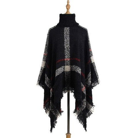 Sonicelife Poncho Sweater Women Fringed Stripe Knit Pullover Sweaters Cape Coat  High Collar Vintage Shawl Scarf Panchos Female Winter