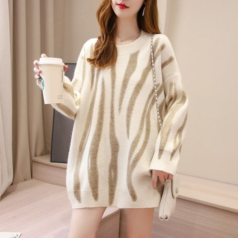 Long Sweaters for Women Autumn Winter Fashion Striped Print Pullovers Outerwear Women's Jumper O-Neck Loose Ladies Sweater