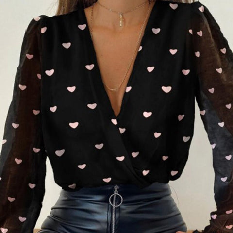 Sonicelife New Fashion Women Deep V Neck Top Jacquard Shirt Female Long Sleeve Chic Shirt  Polka Dot Solid Color Mesh Blouses