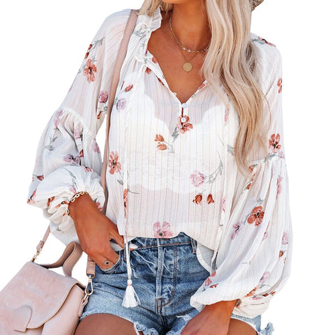 Sonicelife Ruffles Neck Long Sleeve Office Lady Tops Spring Women Floral Print Button Loose Lantern Sleeve Shirt Blusa Feminina D30