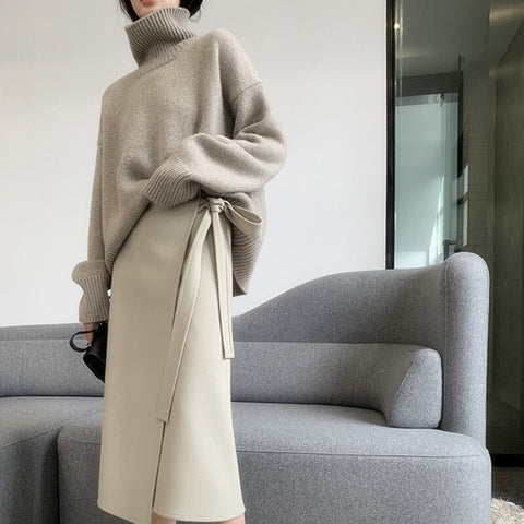 Women's Turtleneck Long Sleeve Sweater Oversize Pullovers Top Female Autumn Solid Gray Khaki Knitted Sweaters for Women Knitwear