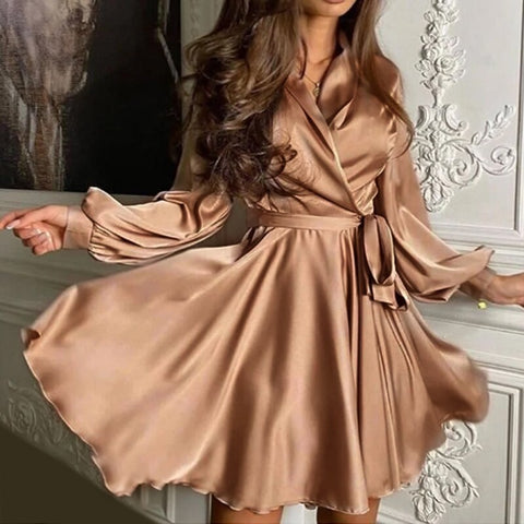 Sonicelife hoco dresses V-Neck Belt Satin Mini Dress Autumn Fashion Lantern Sleeve Comfort Night Club A-line Party Dresses For Women 2024