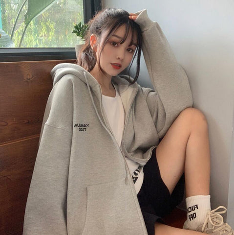 Sonicelife Letter Vintage Zip Up Streetwear Sweatshirts Women Harajuku Oversized Hoodies Thin Pockets Long Sleeve Clothes Korean Style Tops