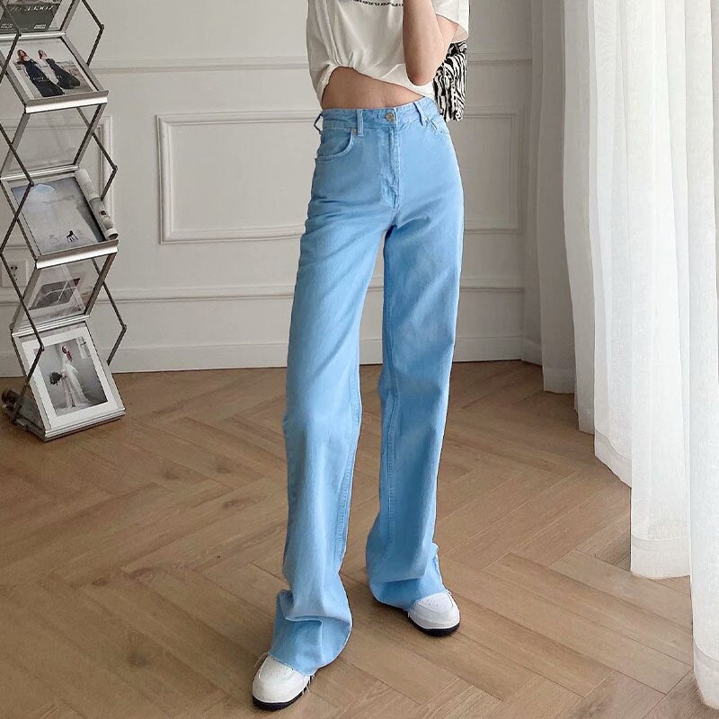 Sonicelife 2023  Autumn new Women Vintage Blue Pink Denim Trousers Casual Solid Pockets High Waist Straight Jeans Pants Ladies Mujer