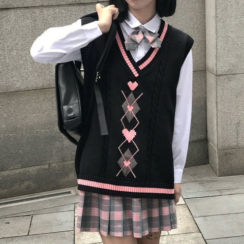 Sonicelife  Kawaii Aygyle Knitted Vest Sweater Women Harajuku Preppy V-Neck Sleeveless Jumper Pullover Female Korean Style Tops