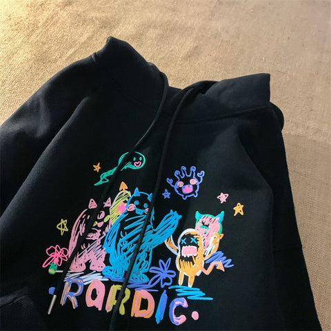 Sonicelife  Kawaii Ugly Emo Print Oversize Hoodies Women Korean Style Harajuku Cute Yellow Sweatshirt Female Pullover Black Tops