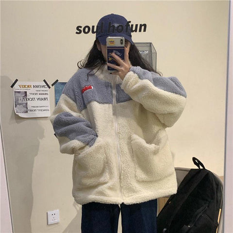 Women's Lamb Wool Cardigan Coat Zip-Up Loose Oversize Woman Top Casual Outfits Stitching Warm Jackets Veste Femme Women Clothing