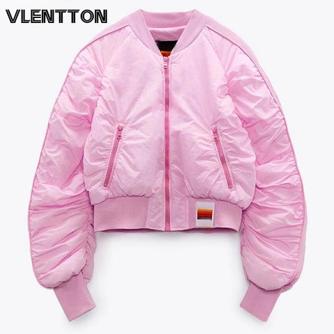 2023 New Autumn Winter Women Pink Cropped Zipper Pockets Warm Fashion Parkas Baseball Jacket