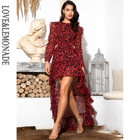 LOVE&LEMONADE   Cut Out Open Back Red Leopard Long Sleeve Chiffon Dress LM81503