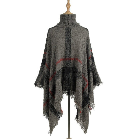 Sonicelife Poncho Sweater Women Fringed Stripe Knit Pullover Sweaters Cape Coat  High Collar Vintage Shawl Scarf Panchos Female Winter