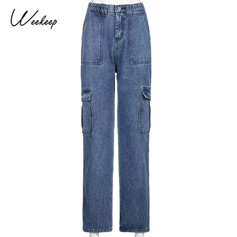 Sonicelife Weekeep Pockets Patchwork Baggy Jeans Fashion Streetwear 100% Cotton Women Denim Trouser Loose Cargo Pants Korean Jeans Harajuku