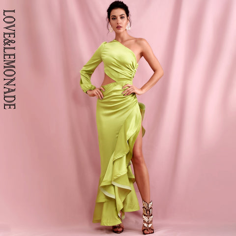 LOVE&LEMONADE  Green Off-Shoulder Side Whit Split Cut Out Ruffled Long Sleeve Maxi Dress LM82202-1