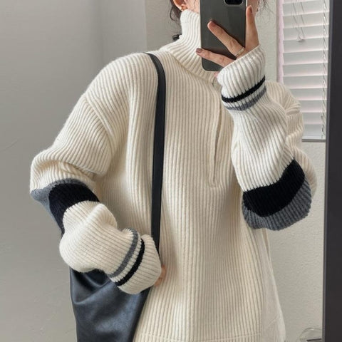 Knitted Sweater Woman Winter Loose Casual Thick Pullovers Women Turtleneck Zipper Stitching Stripes Sweater Long Sleeve Coat