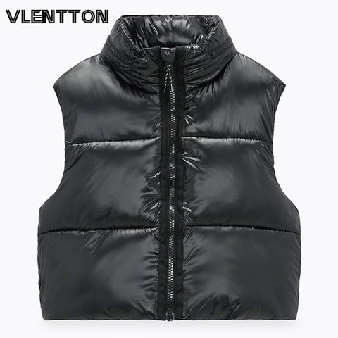 2023 Spring Autumn Women Black Glossy Hooded Jacket Coat Chic Zipper Sleeveless Cotton Outwear Casual Warm Short Tops Female