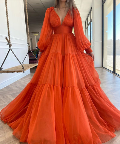Sonicelife  Long Puff Sleeves Prom Dresses V-Neck Pleats Chiffon Princess Evening Gowns Women Party Dress Plus Size 2022