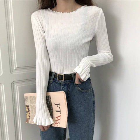 Sonicelife Christmas Gift AOSSVIAO Ruffles Pullovers Solid Flare Sleeve 2024 Autumn Winter All Match Women Sweaters Slim New Pull Femme Fashion Soft Tops