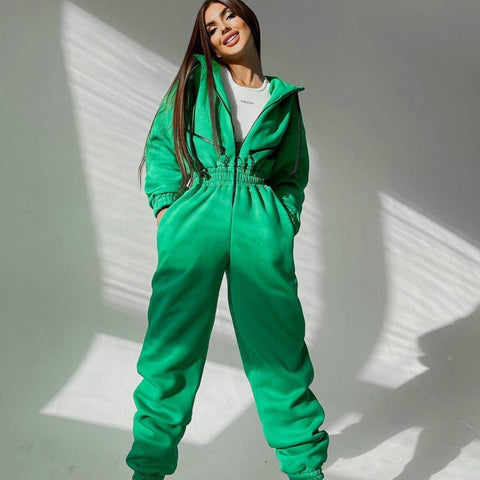 Sonicelife  Casual Women Basic Hoodie Jumpsuit Zipper Drawstring Overalls Fleece Lined Streetwear Tracksuit Solid Rompers One Piece Outfit