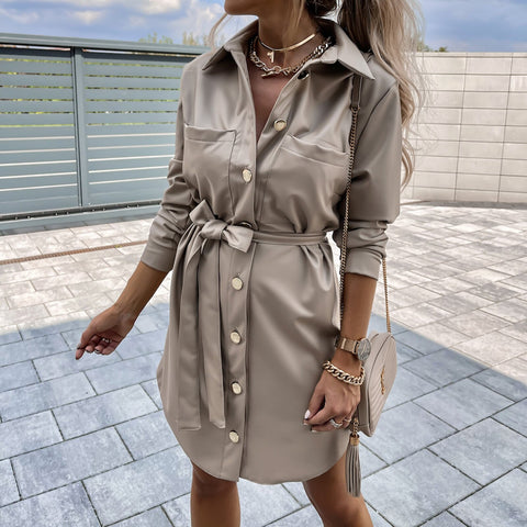 Sonicelife  Fall Winter Office Lady PU Leather Shirts Dress With Belt Casual Elegant Women Turn Down Collar Button Up Mini Dress