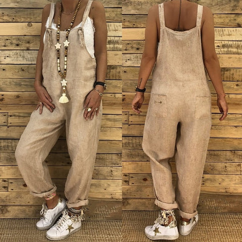 Sonicelife  Women Strap Loose Jumpsuit Summer Casual Solid Sleeveless Long Bib Overalls 2023 Ladies Plus Size Vintage Linen Jumpsuits