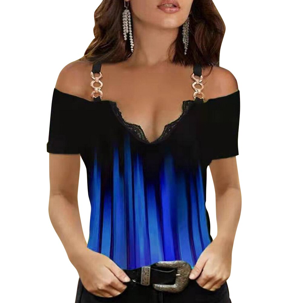 Sonicelife Women T Shirt Gradient Print Hollow Out Short Sleeve Cold Shoulder Tops Women Chain Spaghetti Strap Cold Shoulder T-shirt D30