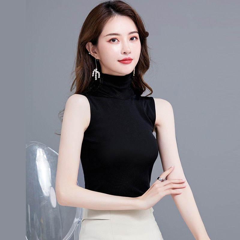 Christmas Gift Summer Tops For Women 2021 Turtleneck Basic Sleeveless Lace Tank Tops Women Female Top Plus Size Korean Tee Black White Blue