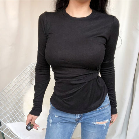 Sonicelife Christmas Gift Women O-neck Long Sleeve T shirts Lady White Cotton Tops Female Soft Casual Tees Women's Slim Frill Black T-shirt